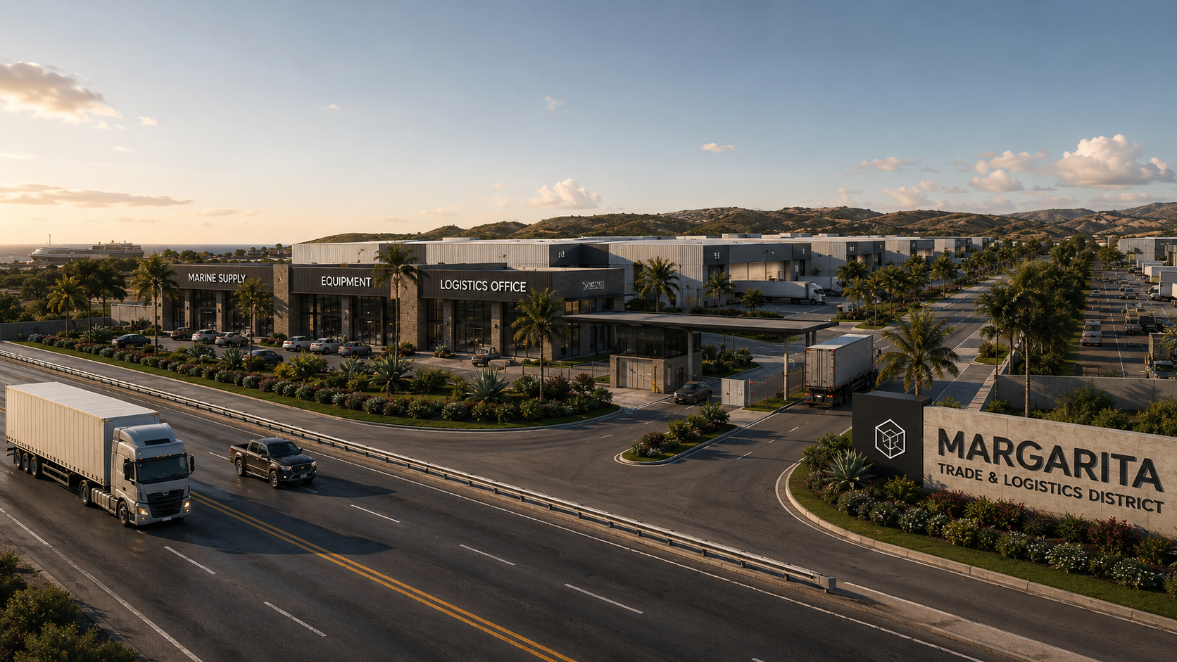 Margarita Trade & Logistics Hub — Exterior Render, Highway Frontage