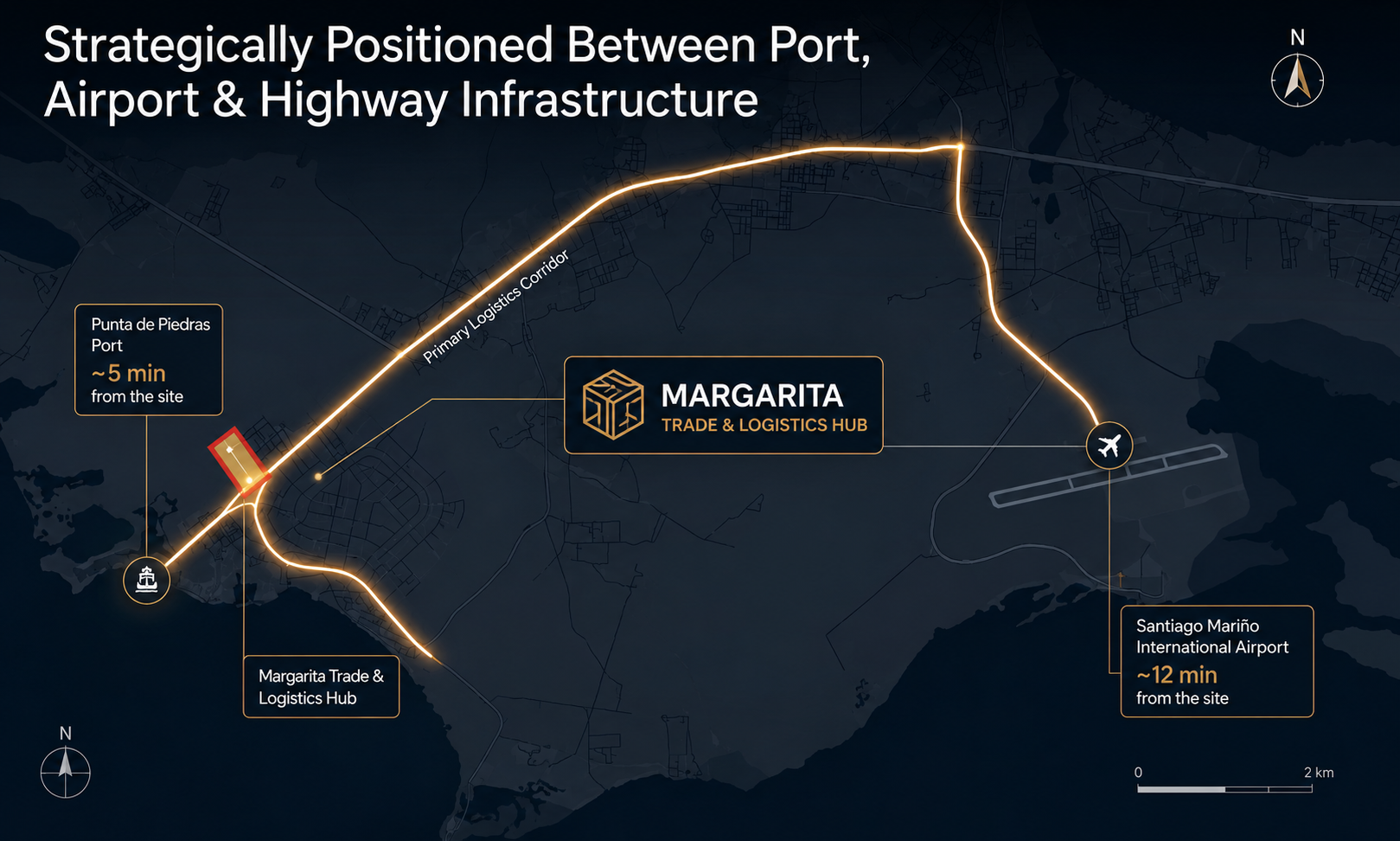 Margarita Trade & Logistics Hub — strategic position between Punta de Piedras port (~5 min) and Santiago Mariño International Airport (~12 min)